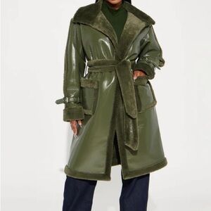 Fashion Nova Olive Green Faux Leather Faux Fur Trimmed Coat